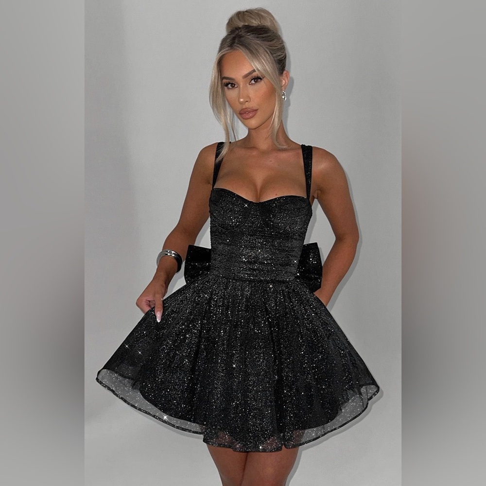 Black Sparkle Fit-and-Flare Mini Dress Big Blavk Detachable Bow